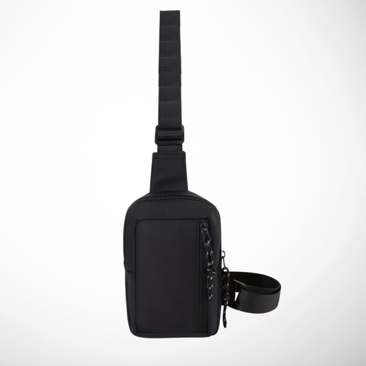 Black sling bag on a white background