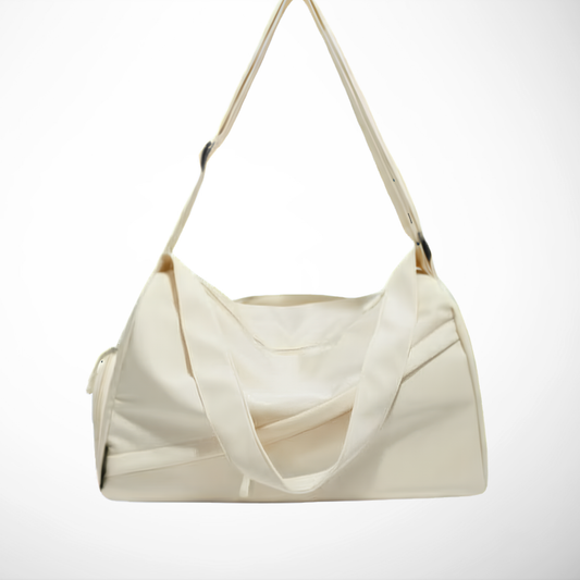 White duffel bag/gym bag
 with a strap on a white background