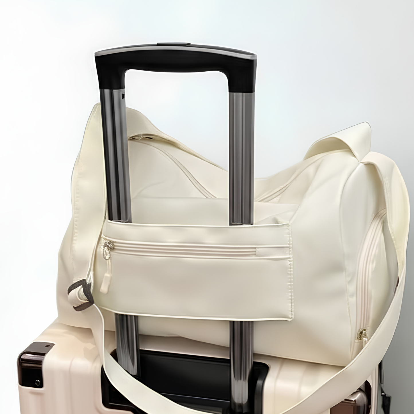 Cream duffel back with luggage bag flap sitting on luggage bag