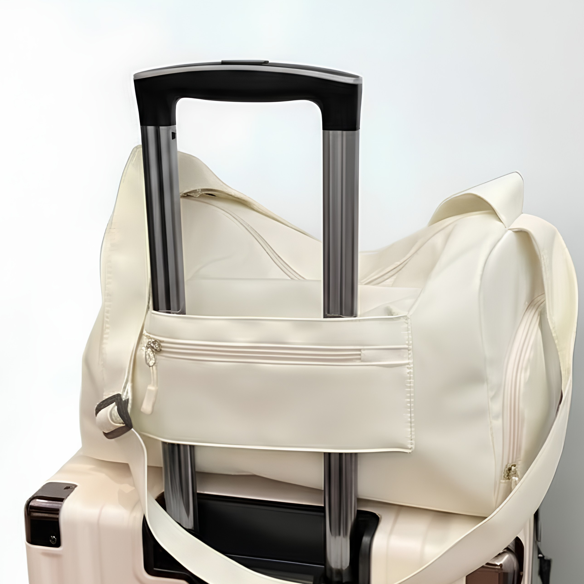 Cream duffel back with luggage bag flap sitting on luggage bag